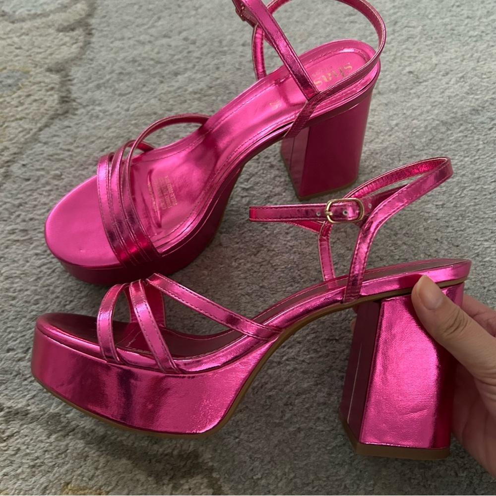 Metallic Pink Platform Block Heel Sandals - Women